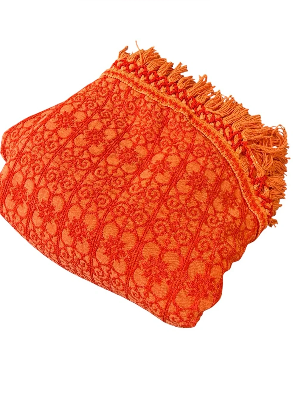 Vintage Bates pumpkin orange woven jacquard fringe bedspread Double size AS IS